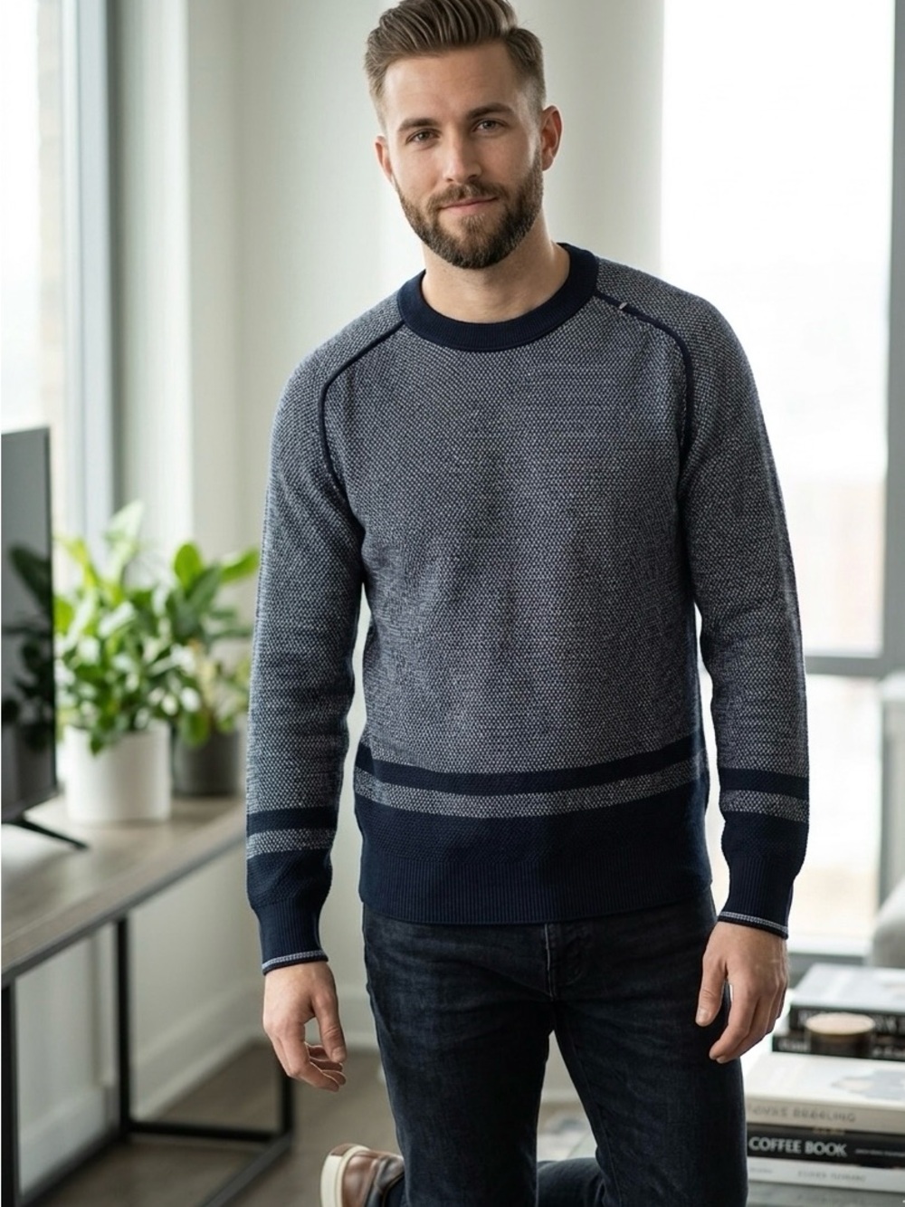 Hugo Boss apok knit Navy and Heather Crewneck Sweater